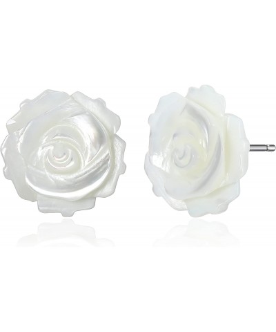 Carved Mother of Pearl Rose Earrings, Handcrafted Rose Stud Earrings, Rhodium Plated Sterling Silver Mother of Pearl Earrings...