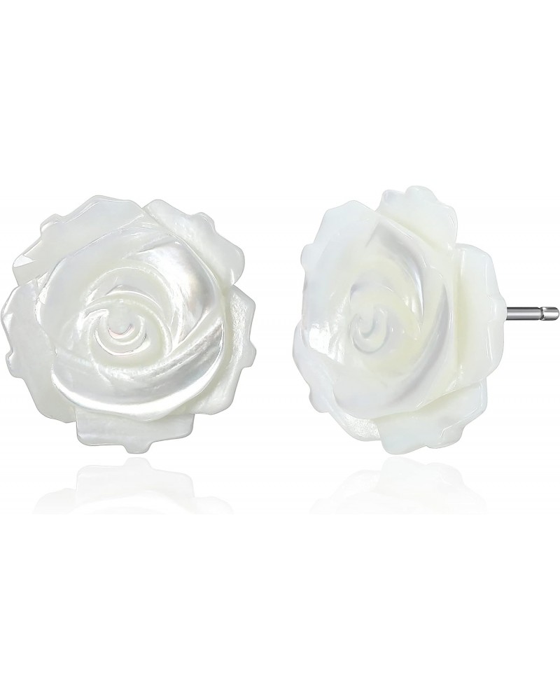 Carved Mother of Pearl Rose Earrings, Handcrafted Rose Stud Earrings, Rhodium Plated Sterling Silver Mother of Pearl Earrings...