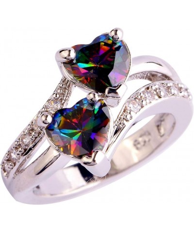 925 Silver Plated Ring Double Heart Rainbow Topaz Romantic Twist Proposal Wedding Engagement Band Ring US8.5 A_ Rainbow $4.63...