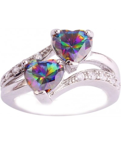 925 Silver Plated Ring Double Heart Rainbow Topaz Romantic Twist Proposal Wedding Engagement Band Ring US8.5 A_ Rainbow $4.63...