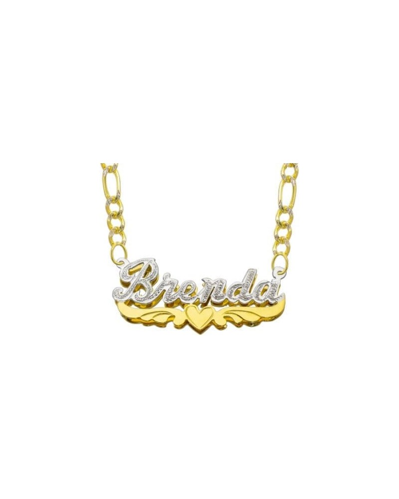 14K Two Tone Color Solid Yellow Gold Personalized Custom Double Plate 3D Name Necklace with Heart and Wings Designs White Pav...