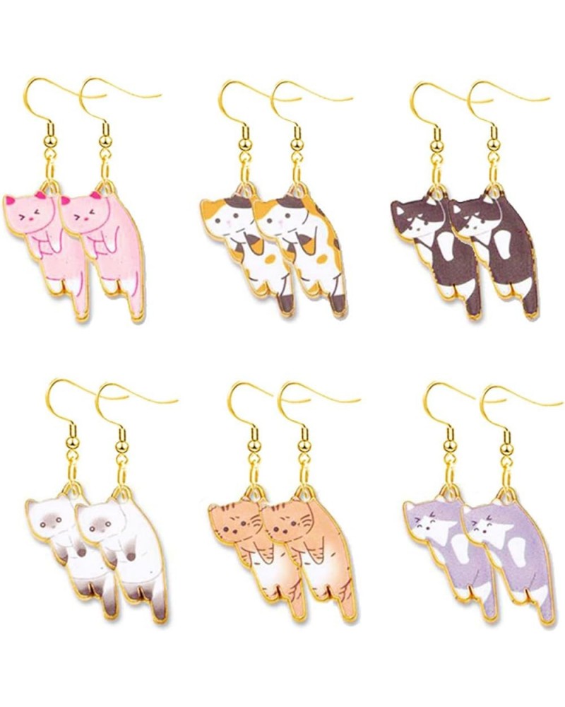 6 Pairs Cute Anime Cat Dangle Earrings Set for Women Girls Funny Aesthetic Animal Floral Teacup Cat Earrings Cartoon Kitten D...