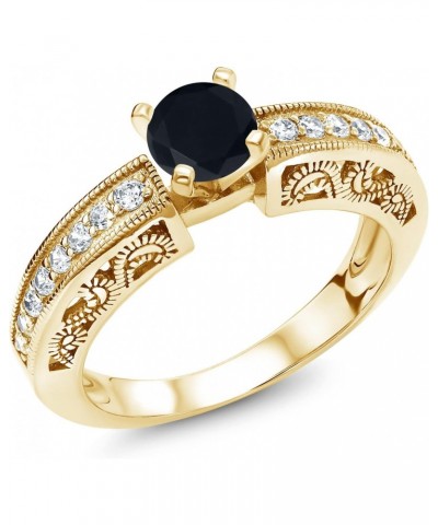 18K Yellow Gold Plated Silver Black Onyx Engagement Filigree Ring For Women (1.39 Cttw, Round 6MM, Gemstone December Birthsto...