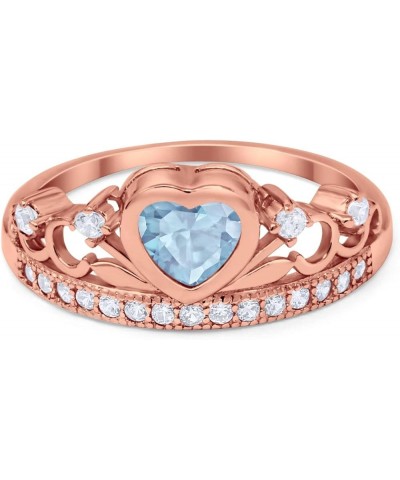 Heart Crown Ring Half Eternity Simulated Cubic Zirconia 925 Sterling Silver Choose Color Rose Tone, Simulated Aquamarine CZ $...