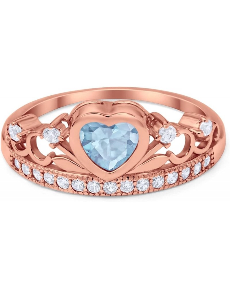 Heart Crown Ring Half Eternity Simulated Cubic Zirconia 925 Sterling Silver Choose Color Rose Tone, Simulated Aquamarine CZ $...