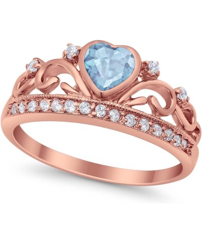 Heart Crown Ring Half Eternity Simulated Cubic Zirconia 925 Sterling Silver Choose Color Rose Tone, Simulated Aquamarine CZ $...