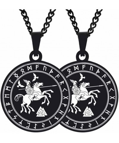 2PCS Engraved Silver Stainless Steel Pendant Necklace Chain Mens Womens God Wotan, Riding On A Horse Sleipnir Spear Ravens 2X...