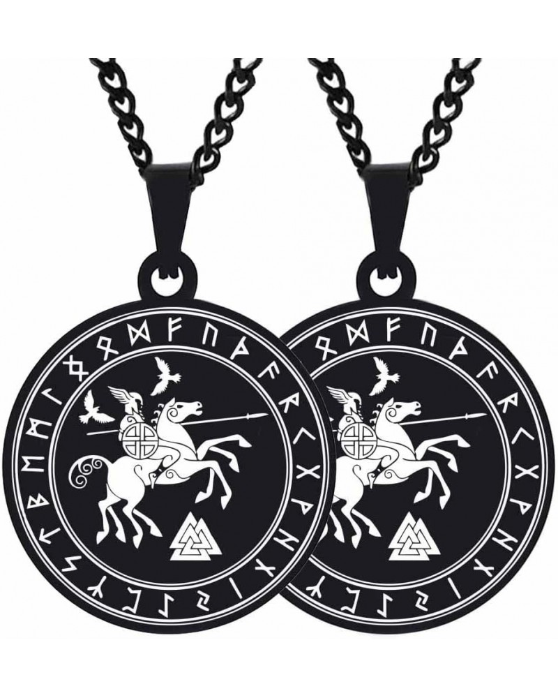 2PCS Engraved Silver Stainless Steel Pendant Necklace Chain Mens Womens God Wotan, Riding On A Horse Sleipnir Spear Ravens 2X...