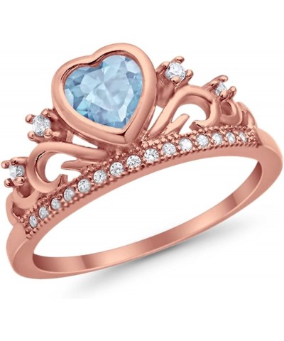 Heart Crown Ring Half Eternity Simulated Cubic Zirconia 925 Sterling Silver Choose Color Rose Tone, Simulated Aquamarine CZ $...