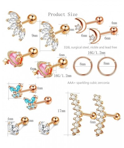 5-6Pairs CZ Hypoallergenic Screwback Earrings for Women Girls, Stainless Steel Cartilage Daith Earrings Butterfly Turtle Hear...