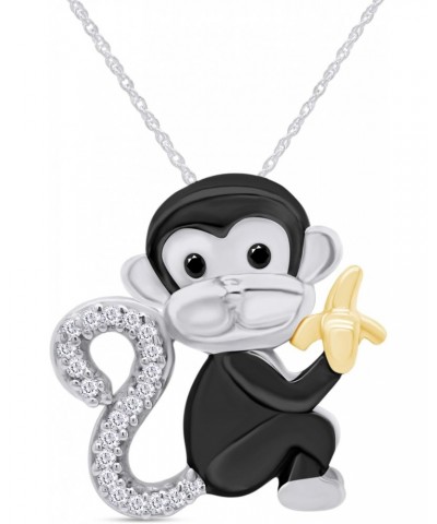 Monkey Animal Pendant Necklace Round Cut Black and White Accent Natural Diamond in 10K Two Tone Solid Gold, 18" Chain (Black ...