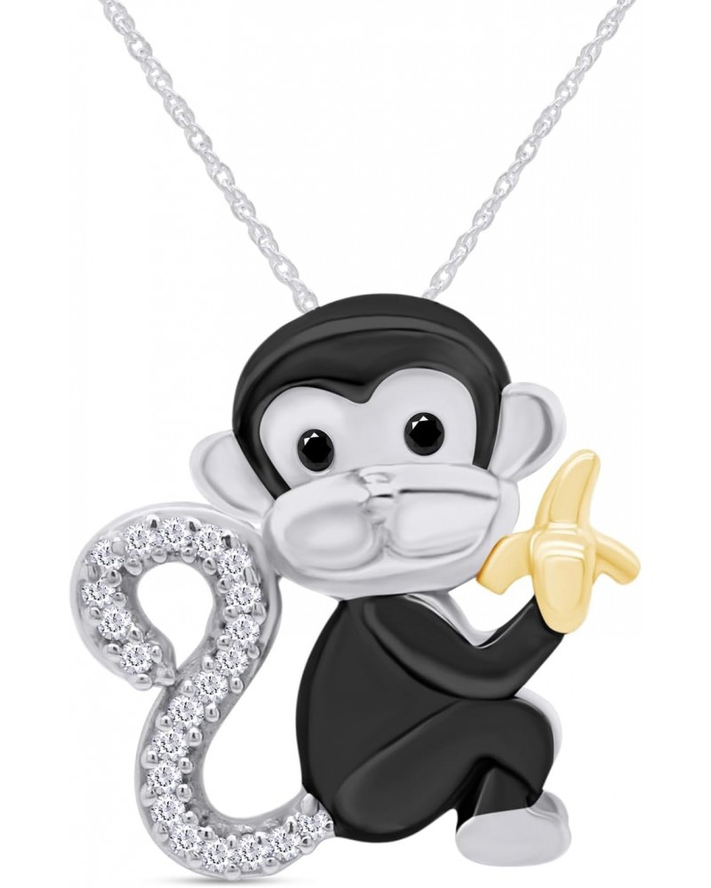 Monkey Animal Pendant Necklace Round Cut Black and White Accent Natural Diamond in 10K Two Tone Solid Gold, 18" Chain (Black ...