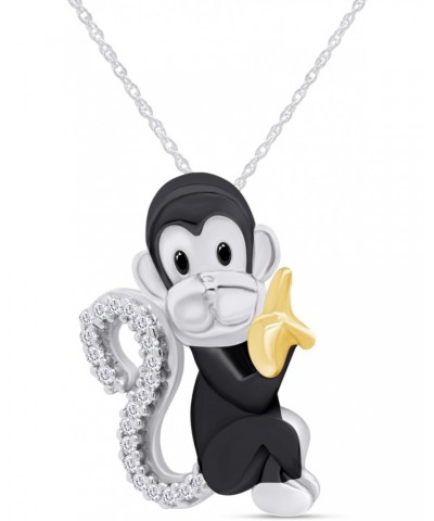 Monkey Animal Pendant Necklace Round Cut Black and White Accent Natural Diamond in 10K Two Tone Solid Gold, 18" Chain (Black ...