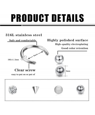 15 Pcs 16G Septum Rings For Women Men Hypoallergenic Surgical Stainless Steel Nose Ring Horseshoe Lip Rings Eyebrow Helix Dai...