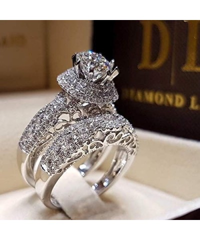 2 Pcs Retro Luxury Ring Set 925 Sterling Silver Shiny Full Diamond AAA Cubic Zirconia Solitaire Rings Set CZ Diamond Ring Set...