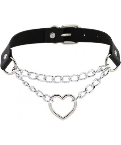 PU Simulated Leather Gothic Punk Black-tone Silver-tone Heart Ring Cuban Curb Link Chain Adjustable Neckband Collar Choker Si...