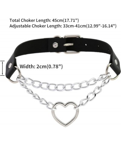 PU Simulated Leather Gothic Punk Black-tone Silver-tone Heart Ring Cuban Curb Link Chain Adjustable Neckband Collar Choker Si...