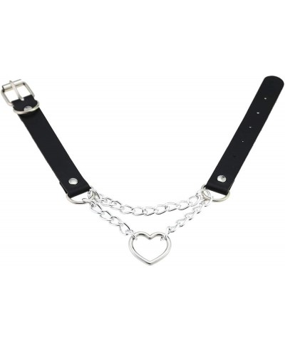 PU Simulated Leather Gothic Punk Black-tone Silver-tone Heart Ring Cuban Curb Link Chain Adjustable Neckband Collar Choker Si...