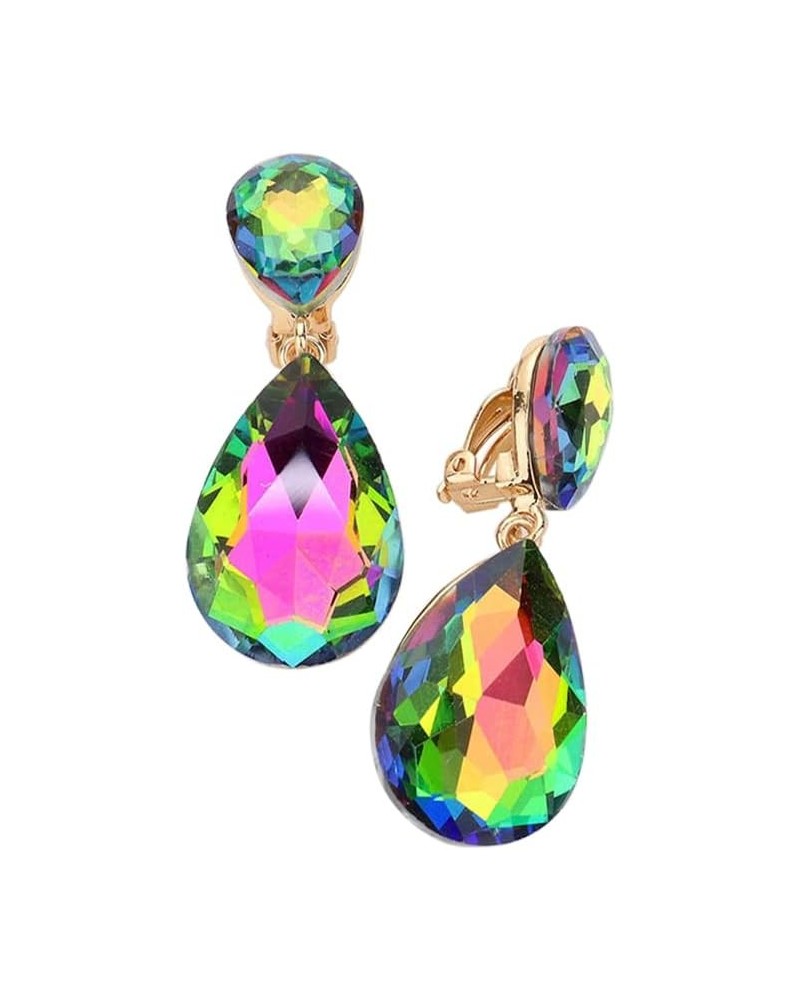 Women's Double Teardrop Statement Glass Crystal Rhinestone Dangle Clip On Bridal Earrings, 2 Vitrail Rainbow Crystal Gold Ton...