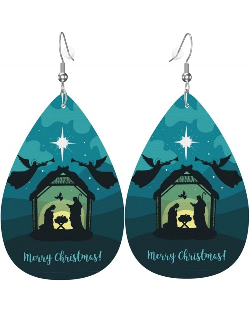 Christmas Christian Nativity Scene Pattern Earrings Faux Leather Dangle Earrings Teardrop Earrings Decor Christmas Christian ...