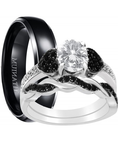 His and Hers 3 Piece Trio Sterling Silver Black Titanium Wedding Band Engagement Ring Set Her 06-His 11 $46.55 Sets