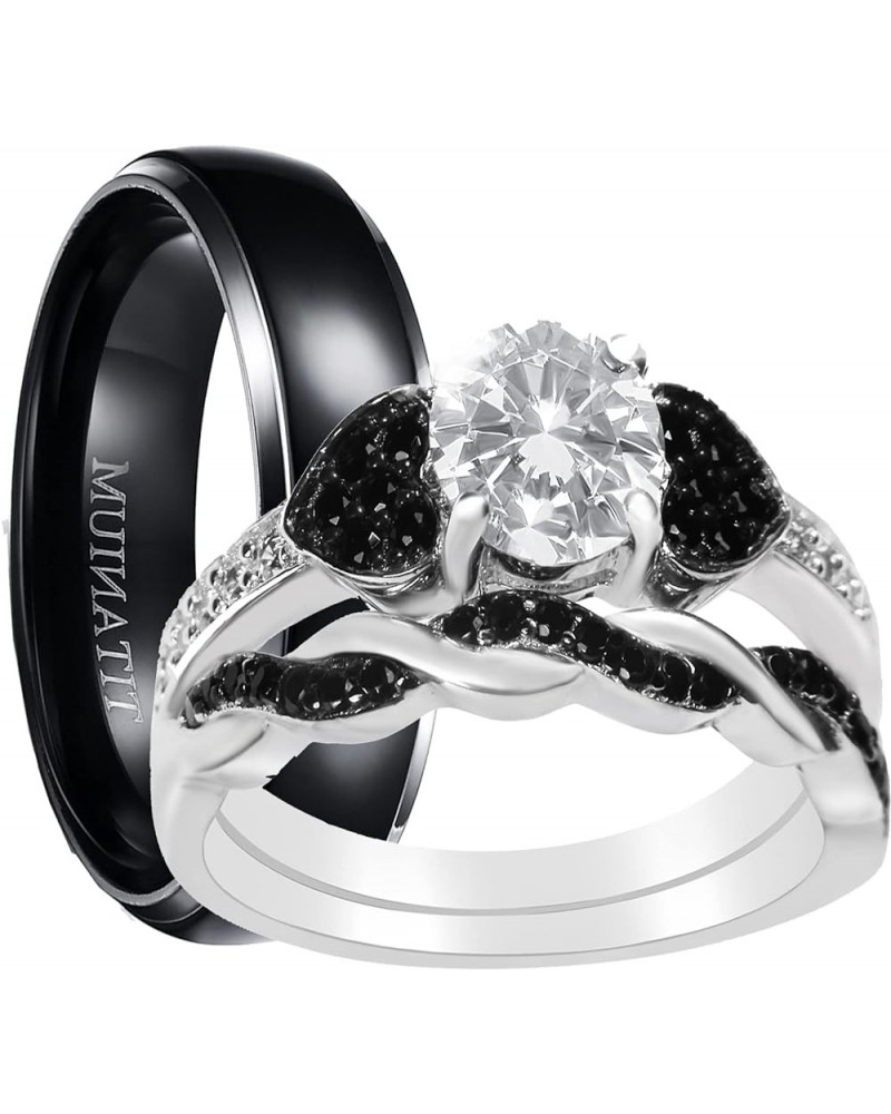 His and Hers 3 Piece Trio Sterling Silver Black Titanium Wedding Band Engagement Ring Set Her 06-His 11 $46.55 Sets