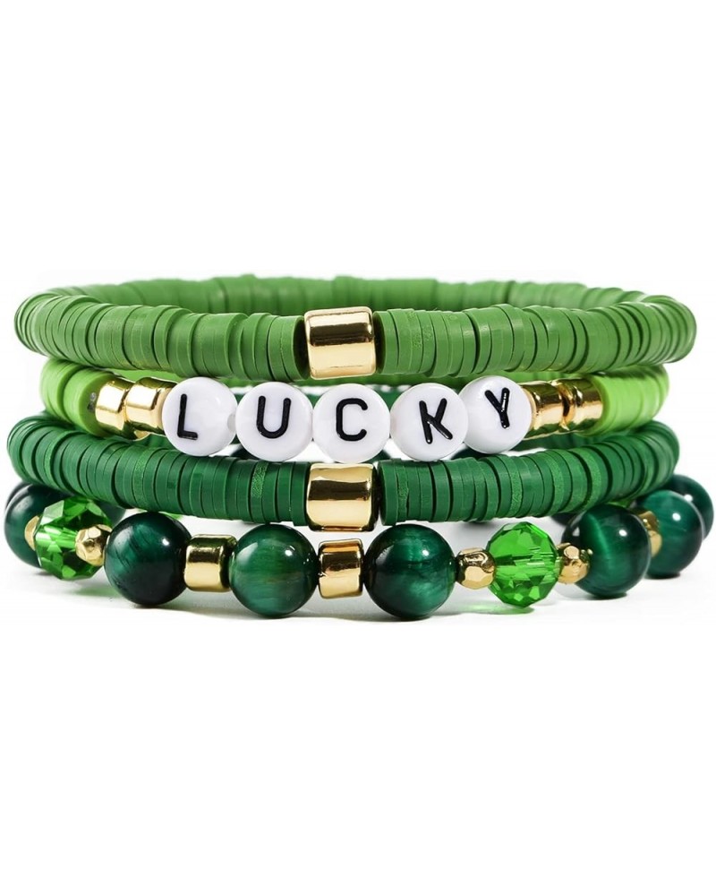 St. Patrick's Day Bracelet Green Bracelets for Women Stackable Inspirational Message Clay Bead Crystal Stone Beaded Stretch B...