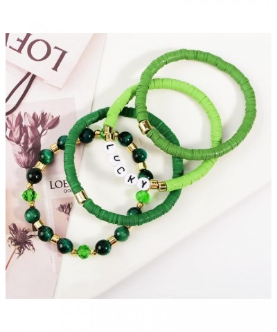 St. Patrick's Day Bracelet Green Bracelets for Women Stackable Inspirational Message Clay Bead Crystal Stone Beaded Stretch B...