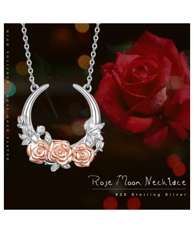 Rose Moon Necklace 925 Sterling Silver Crescent Moon Necklaces for Women Rose Flower Moon Necklace with Rose Gold Jewelry Gif...