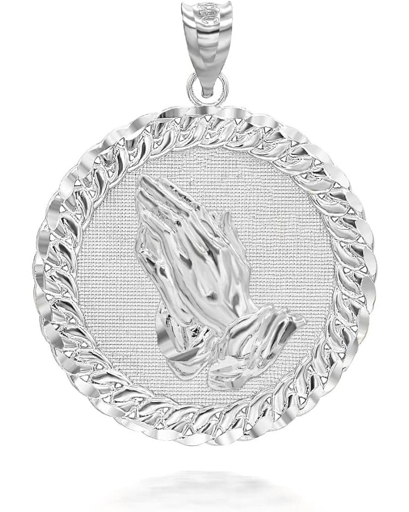 Solid 925 Sterling Silver Praying Hands Cuban Link Round Frame Pendant Necklace and Pendant Only Pendant Only $38.15 Necklaces