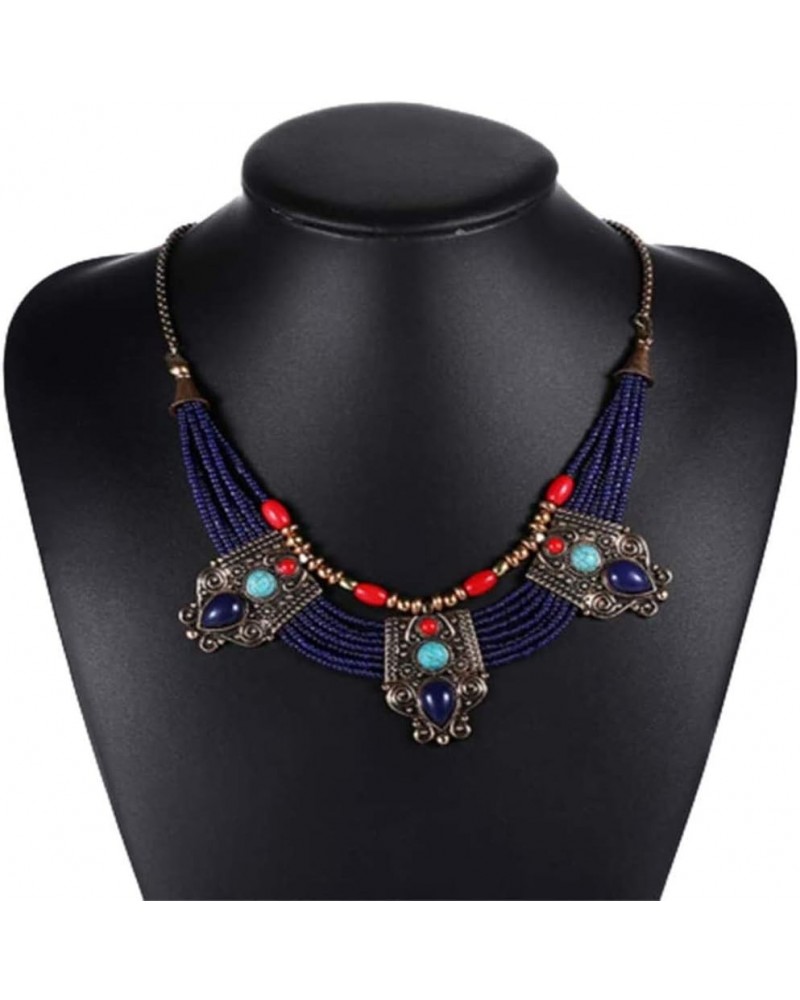 Boho Rhinestones Necklace,Women's Multilayer Beads Rhinestones Inlaid Statement Chain Bib Necklace Blue (White) Blue $11.79 N...