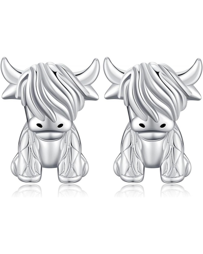 S925 Sterling Silver Animal Earrings Studs,Highland Cow/Cow/Axolotl/Heart/Panda/Sloth/Gold Bow Earrings Studs for Women Girls...