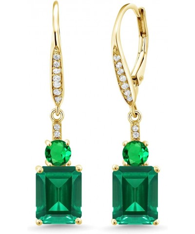 18K Yellow Gold Plated Silver Green Nano Emerald Dangle Earrings For Women (4.60 Cttw, Gemstone May Birthstone, Emerald Cut 9...