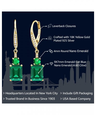 18K Yellow Gold Plated Silver Green Nano Emerald Dangle Earrings For Women (4.60 Cttw, Gemstone May Birthstone, Emerald Cut 9...