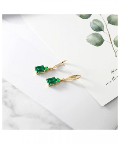 18K Yellow Gold Plated Silver Green Nano Emerald Dangle Earrings For Women (4.60 Cttw, Gemstone May Birthstone, Emerald Cut 9...