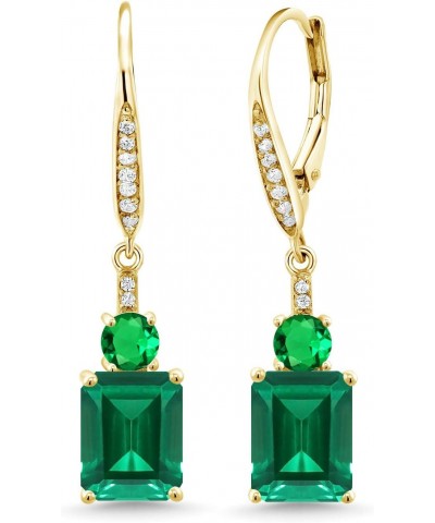 18K Yellow Gold Plated Silver Green Nano Emerald Dangle Earrings For Women (4.60 Cttw, Gemstone May Birthstone, Emerald Cut 9...