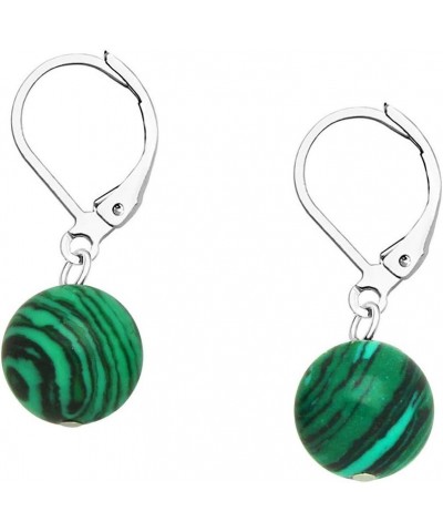 10mm Round Natural Stone Earring High Polished Rhodium Leverback Malachite $7.14 Earrings