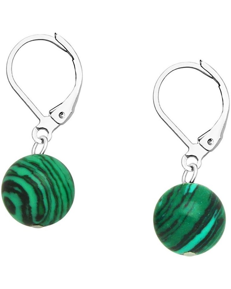 10mm Round Natural Stone Earring High Polished Rhodium Leverback Malachite $7.14 Earrings