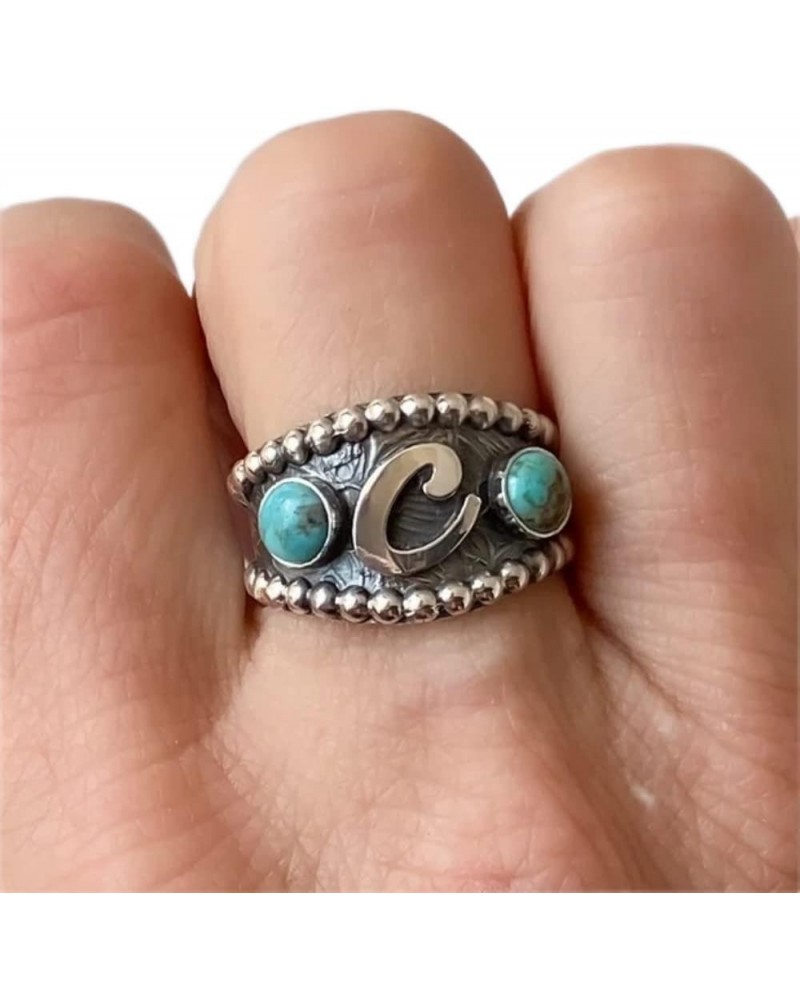 Vintage 925 Sterling Silver Letter C Ring wiht Double Round Cut Turquoise Ring Boho Retro Natural Stone Handmade Carving Ring...