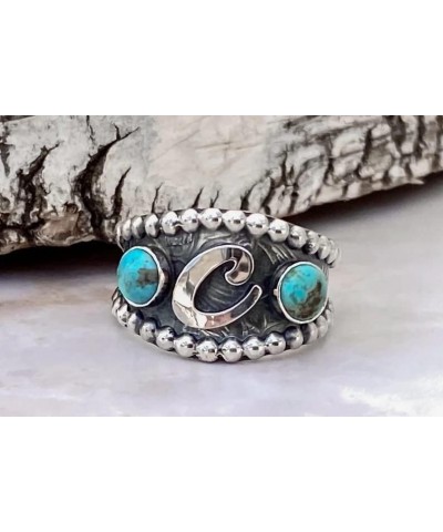 Vintage 925 Sterling Silver Letter C Ring wiht Double Round Cut Turquoise Ring Boho Retro Natural Stone Handmade Carving Ring...