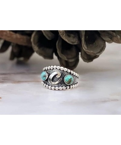 Vintage 925 Sterling Silver Letter C Ring wiht Double Round Cut Turquoise Ring Boho Retro Natural Stone Handmade Carving Ring...