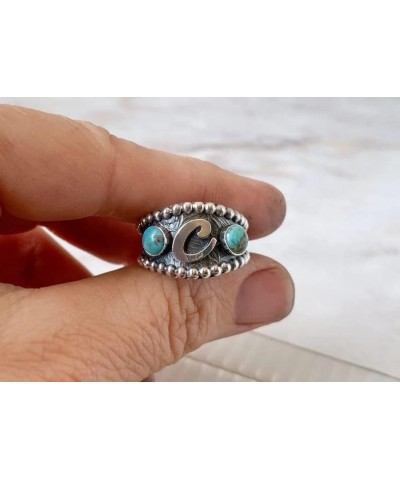 Vintage 925 Sterling Silver Letter C Ring wiht Double Round Cut Turquoise Ring Boho Retro Natural Stone Handmade Carving Ring...