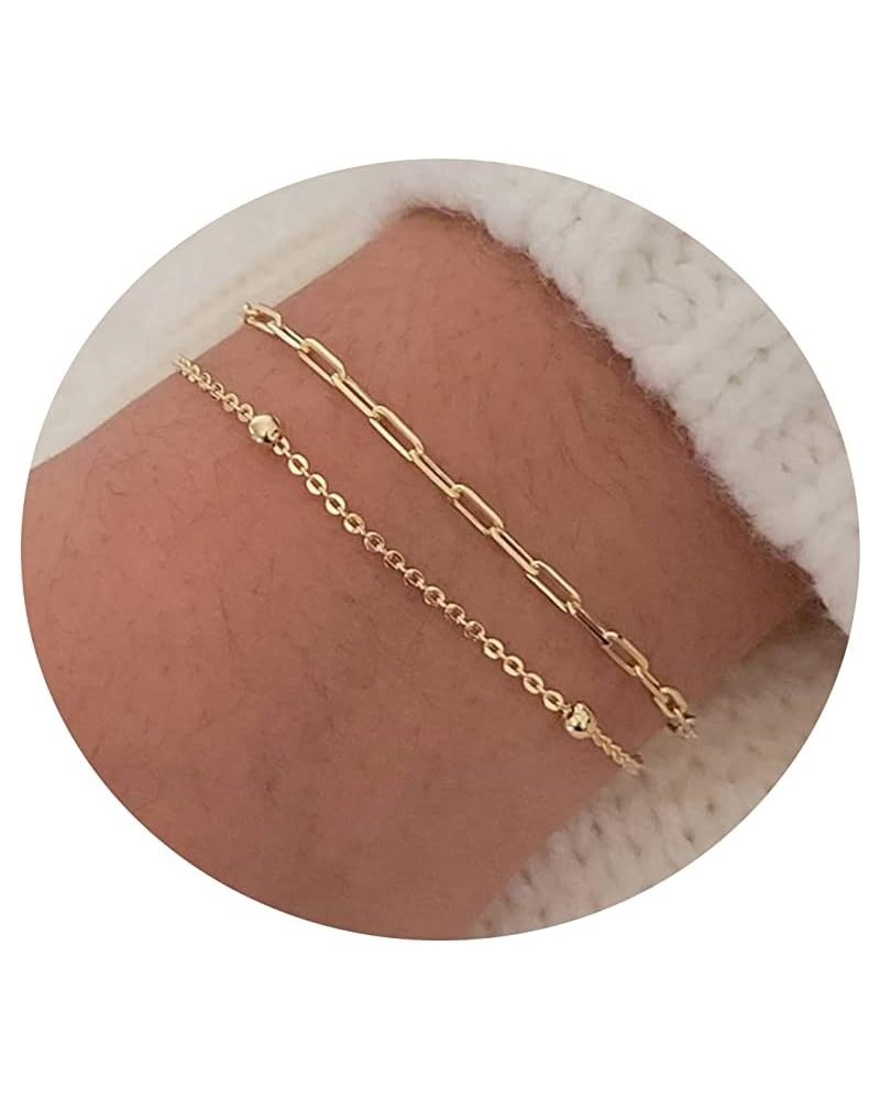 Dainty Layered Beaded Bracelets for Women 14K Gold Plated Twisted Round Ball Bracelets Paperclip Satellite Chain Link Bracele...