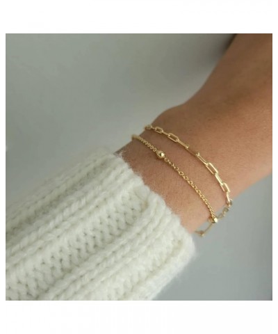 Dainty Layered Beaded Bracelets for Women 14K Gold Plated Twisted Round Ball Bracelets Paperclip Satellite Chain Link Bracele...