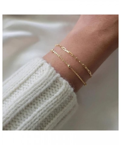 Dainty Layered Beaded Bracelets for Women 14K Gold Plated Twisted Round Ball Bracelets Paperclip Satellite Chain Link Bracele...