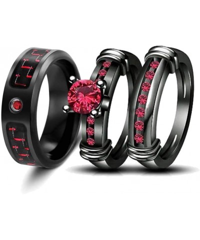 3pc His Hers Wedding Ring Sets Couples Rings Women's 2pc Black Gold Filled Red Ruby CZ Wedding Engagement Ring Bridal Sets & ...