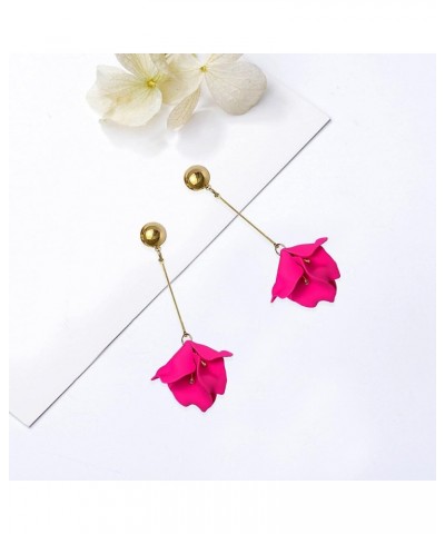 Long Hanging Tassel Red Rose Flower Petal Earrings Resin Statement Hanging Floral Tassel Drop Dangle for Women Girls Elegant ...