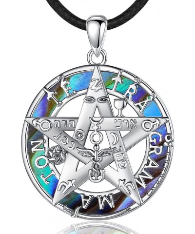 Sterling Silver Tetragrammaton Necklace for Women Men, Abalone Shell 18k Gold Plated Pentagram Pendant, Wiccan Protection Amu...