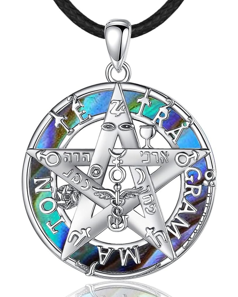 Sterling Silver Tetragrammaton Necklace for Women Men, Abalone Shell 18k Gold Plated Pentagram Pendant, Wiccan Protection Amu...