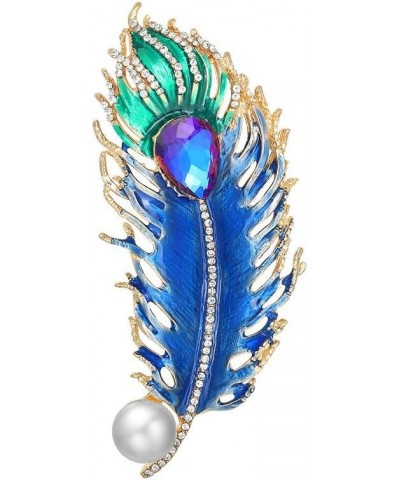 Charm Peacock Feather Brooch Pin Large Blue Feather Lapel Pin Elegant Pearl Rhinestone Feather Breastpin Gift for Women Girls...